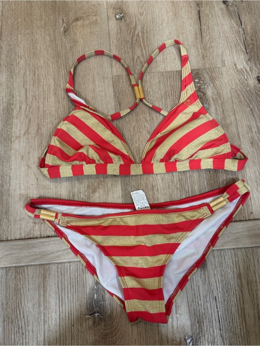 Guess Red and Gold Striped Triangle Bikini